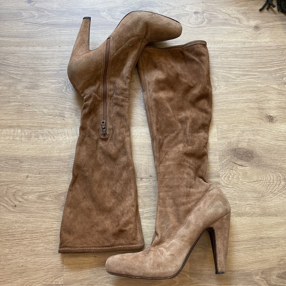 PRADA WMNS SUEDE TAN KNEE HIGH ZIP UP BOOTS SZ 38.5 IN EUC - Picture 1 of 8